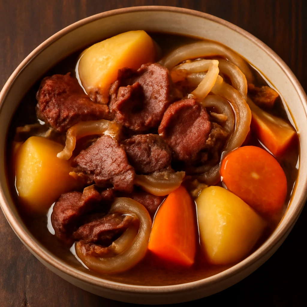 Füstölt húsos Nikujaga, gazdag ízekkel és zöldségekkel tálalva