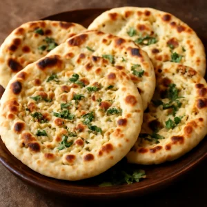 Köményes naan kenyér friss korianderrel díszítve