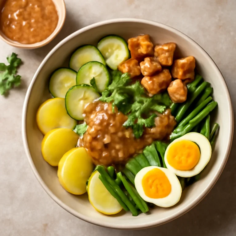 Gado-gado burgonyával és uborkával, friss korianderrel díszítve