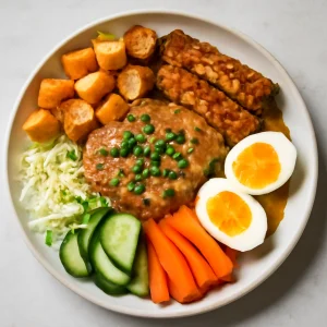 Friss indonéz étel tofuval és tempeh-vel