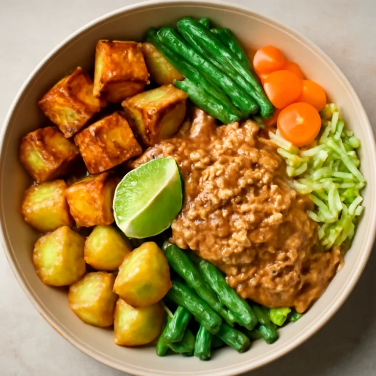 Gado-gado vegán változat, tofuval, zöldségekkel és földimogyoróval, gazdag szójaszósz öntettel