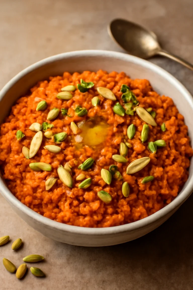 Gajar ka Halwa khoyával, díszítve pisztáciával és mandulával