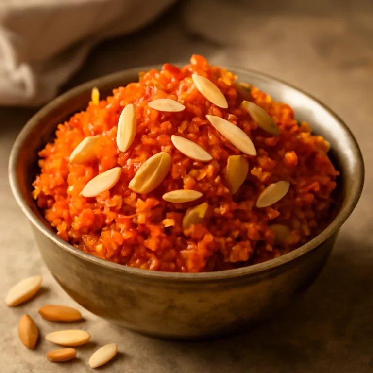 Gajar ka halwa sáfránnyal, mandulával és mazsolával tálalva