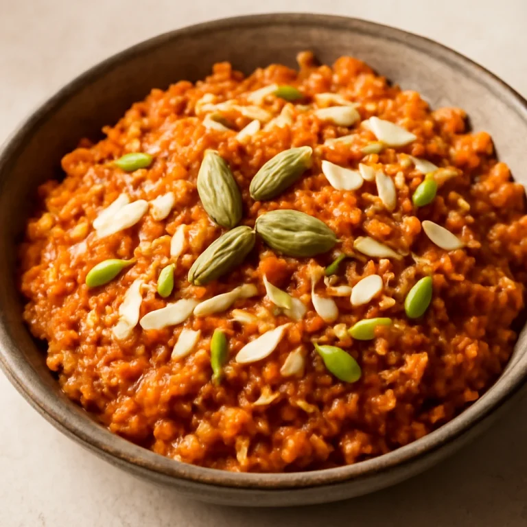 Gajar ka halwa frissen tálalva, kardamommal és mandulával