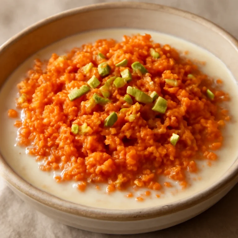 Gajar ka halwa tejjel, friss sárgarépával, tejszerű szószban, frissen tálalva