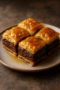 Édes görög sütemény, csokoládés túrós töltelékkel