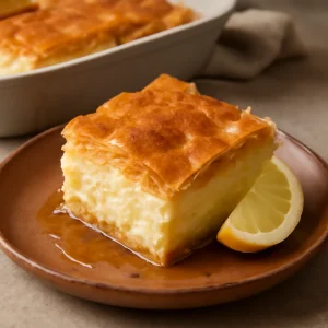 Friss, mascarponés galaktoboureko sütemény, citromos sziruppal tálalva