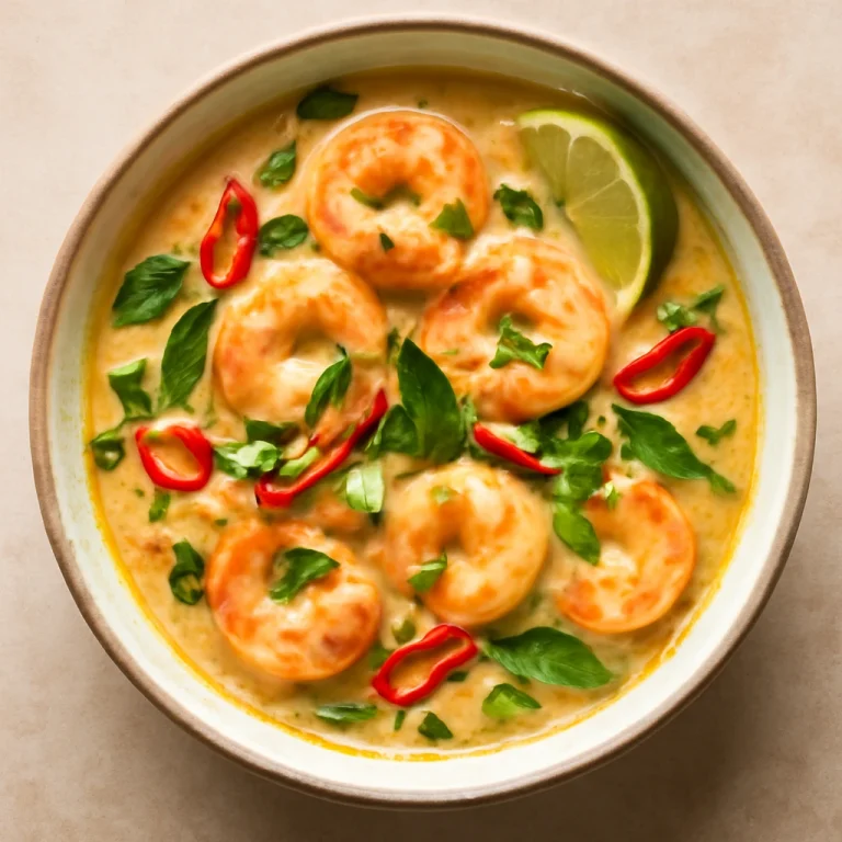 Garnélás Bicol Express, egy fűszeres kókusztejes leves, garnélával és friss zöldségekkel tálalva