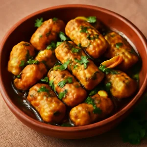 Fűszeres gatte, fokhagymás ghee-ben pirítva, korianderrel díszítve
