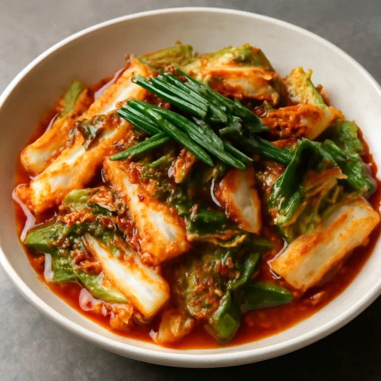 Frissen készült geotjeori, koreai kimchi, fokhagymás és friss snidling díszítéssel