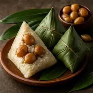 Gesztenyés zongzi, finom rizstésztával és édes gesztenyével tálalva