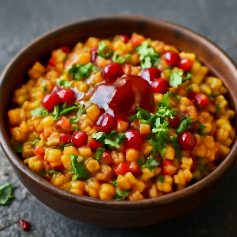 Ghugni chaat sárga borsóval, tálalva friss korianderlevelekkel és tamarind chutney-val