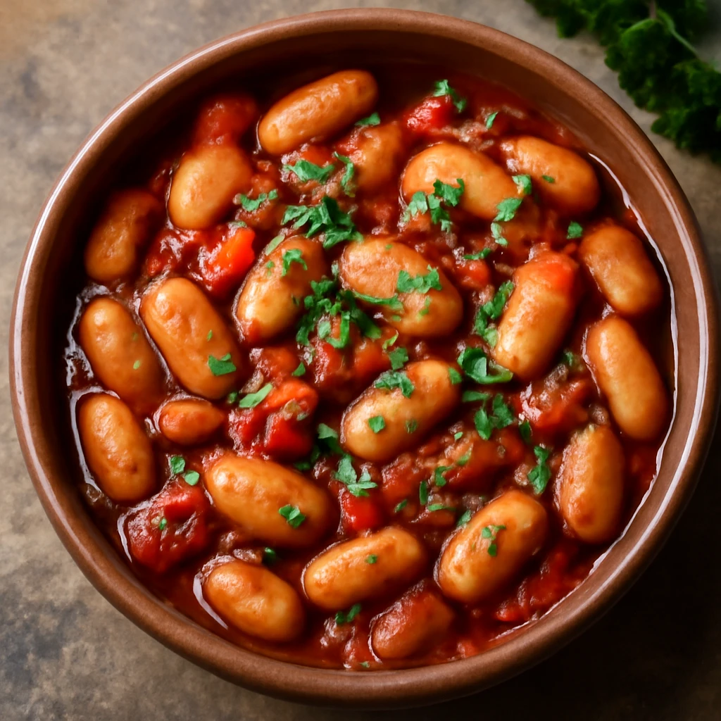 Gigantes bab vörösboros szószban, friss petrezselyem díszítéssel