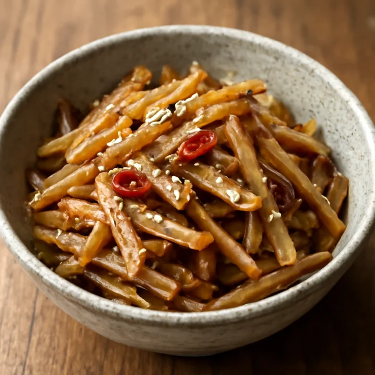 Gobo-zuke, japán burdock gyökér párolva, szezámmaggal tálalva
