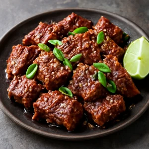 Pikáns koreai galbi hús, friss zöldségekkel és szezámmaggal