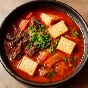 Gochujang jjigae, gazdag fűszeres koreai leves tofuval és húsokkal