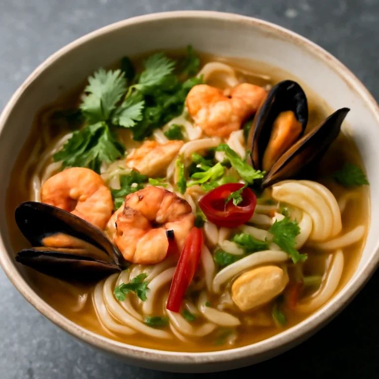 Godong kalguksu, tálalva tenger gyümölcseivel és friss korianderlevelekkel