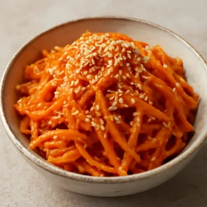 Japán szezámmagos étel, friss sárgarépával és pirított szezámmaggal