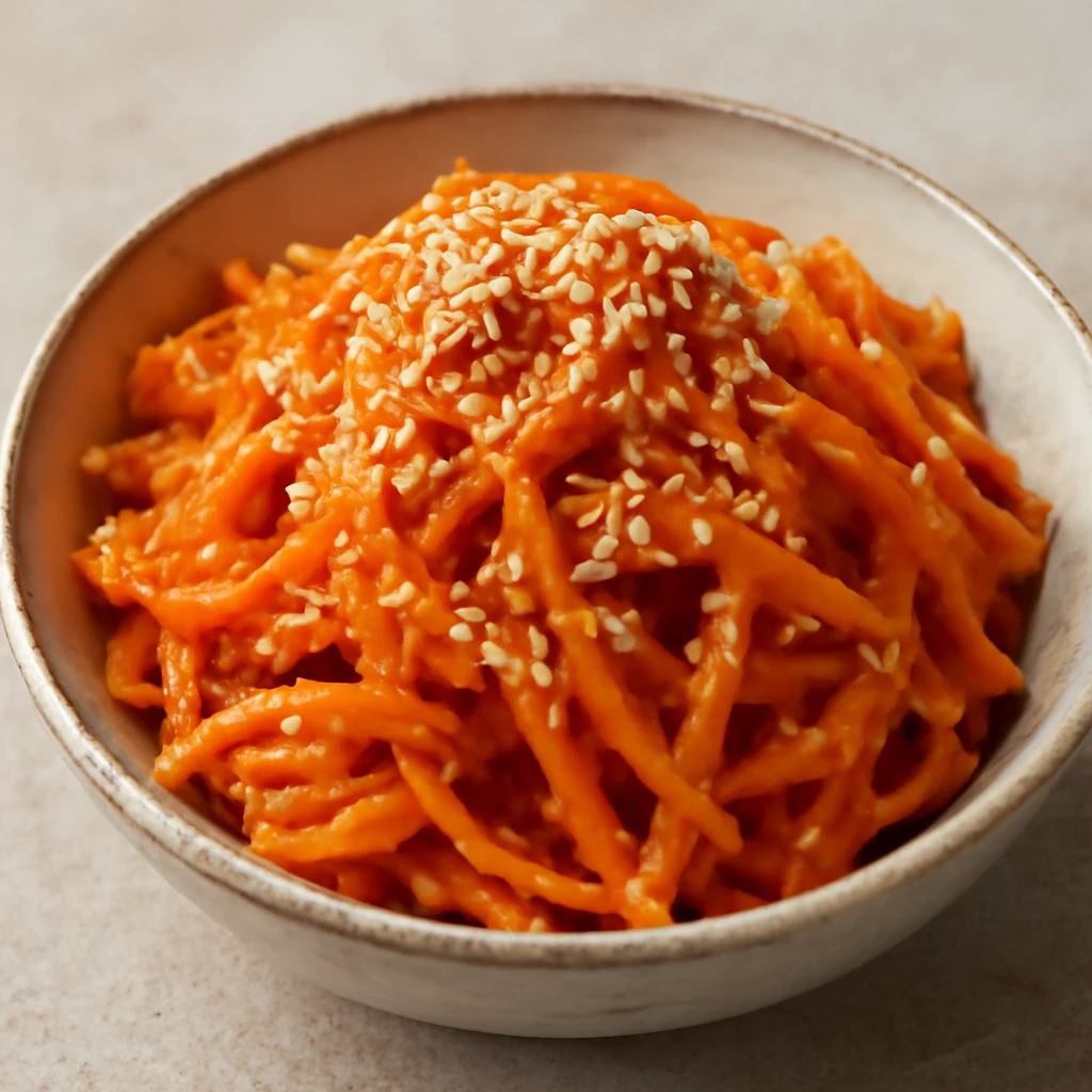 Japán szezámmagos étel, friss sárgarépával és pirított szezámmaggal