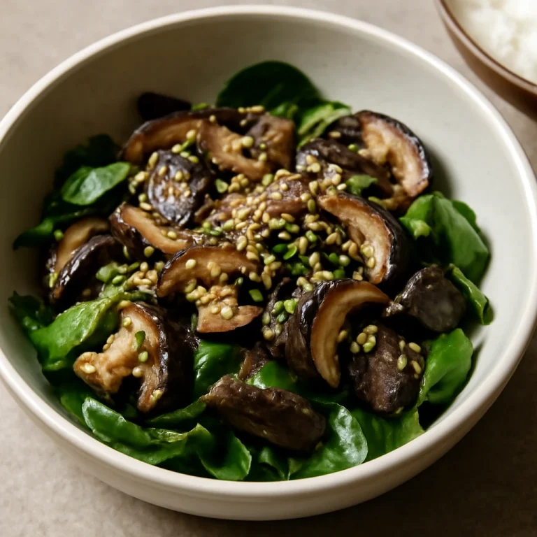 Gomae shiitake gomba tálalva friss spenóttal és pirított szezámmaggal