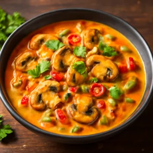 Friss gombás étel kókusztejjel és csípős chilivel