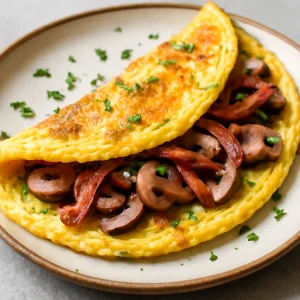 Gombás omlett ropogós baconnel és friss petrezselyemmel