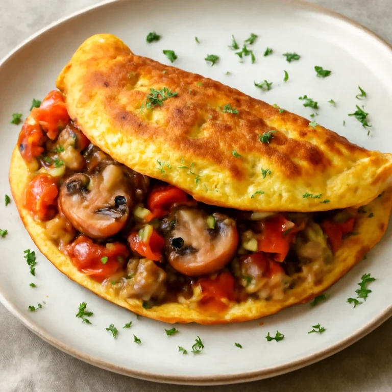 Gombás omlett paprikával, finom aranybarna omlettet tálalva