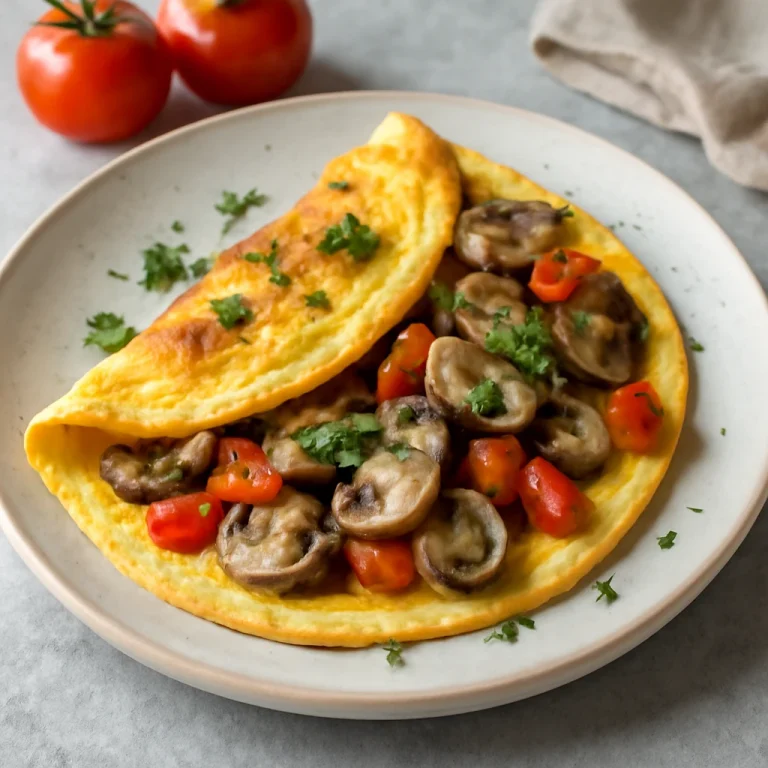 Gombás omlett paradicsommal, friss petrezselyem díszítéssel