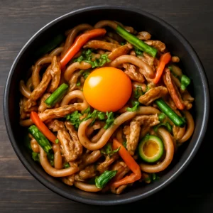 Fűszeres udon tészta zöldségekkel és hússal