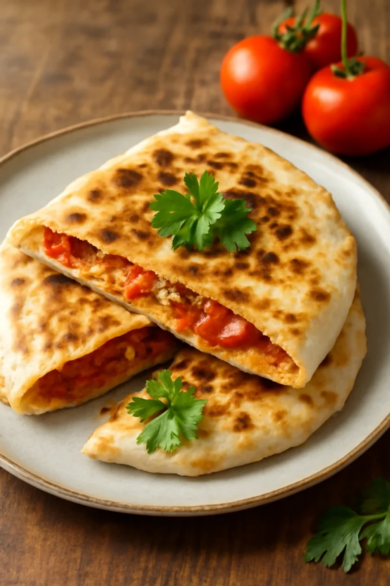 Gözleme paradicsommal, tálalva friss petrezselyemmel és ropogós tésztával.