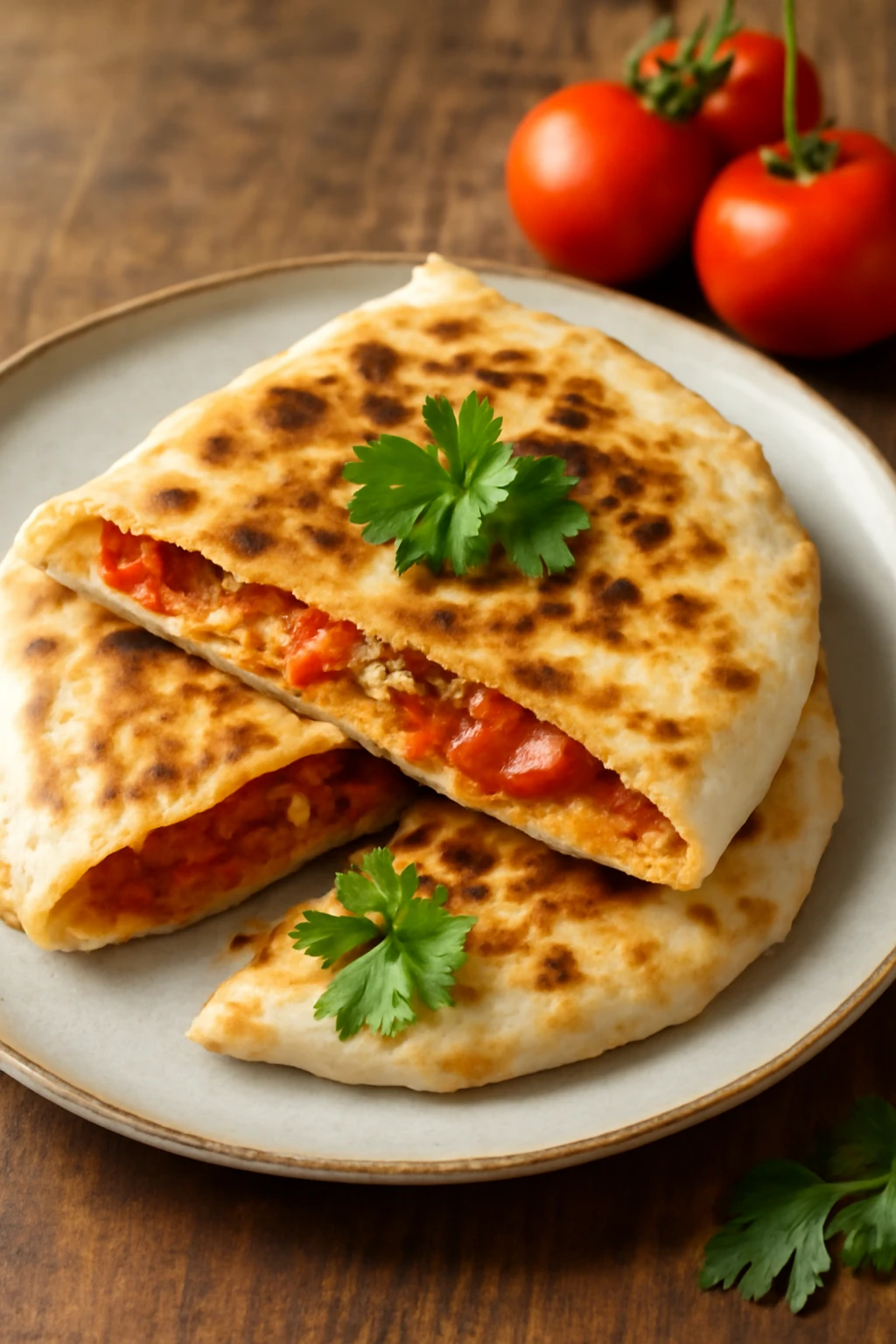 Friss gözleme, paradicsommal és sajttal töltve