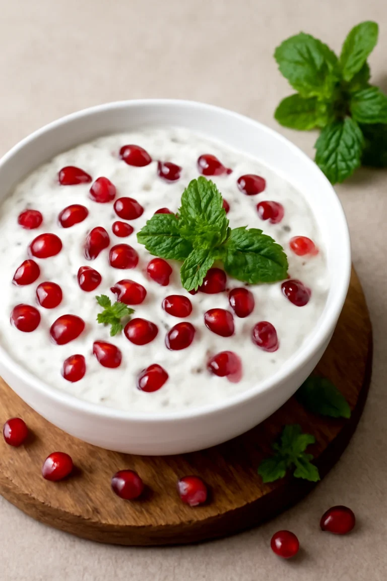 Gránátalmás raita, joghurt és friss gránátalma magokkal díszítve