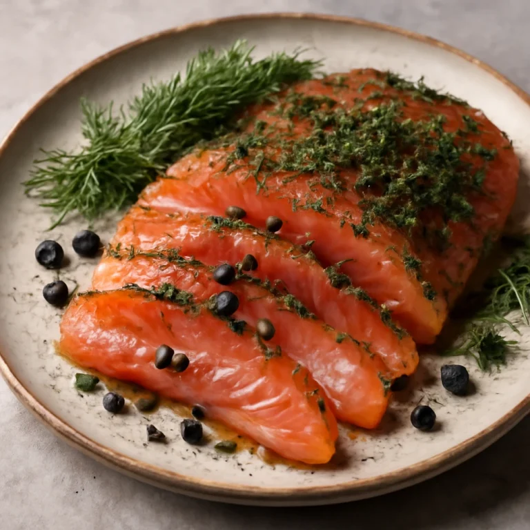 Gravlax borókabogyóval tálalva, friss kaporral és fűszeres marináddal