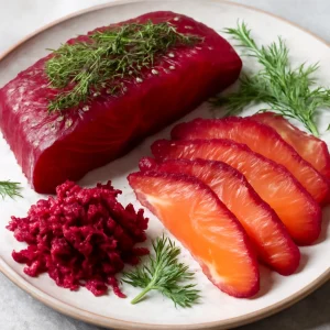Friss, sós gravlax céklával és kaporral