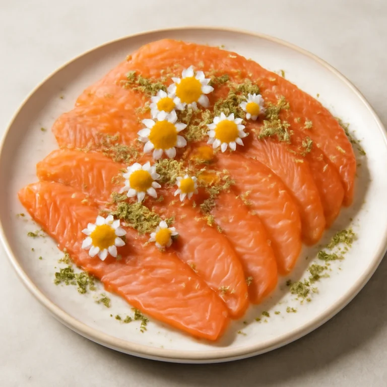 Gravlax kamillával, friss lazac filével, tálalva egy elegáns tányéron
