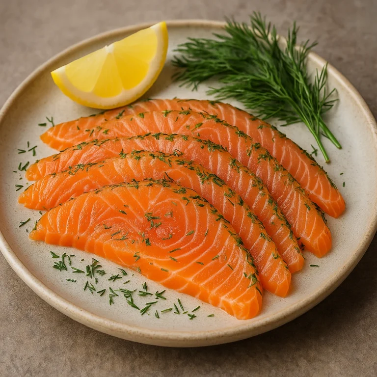 Gravlax vodkával, vékonyra szeletelt pácolt lazac friss kaporral és citrommal tálalva