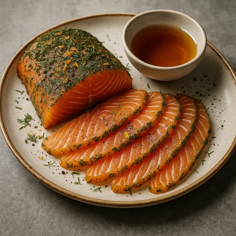 Gravlax whiskyvel, narancshéjjal pácolt lazac szeletelve tálalva