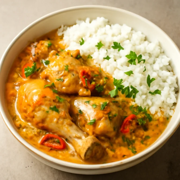 Gudeg opor ayam-mal, kókusztejes csirke tálalva rizs és friss petrezselyem kíséretében