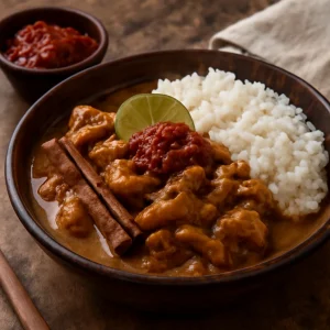 Indonéz fűszeres jackfruit sambal terasival tálalva