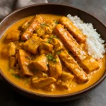 Gudeg tempeh-vel, indonéz étel jackfruit és tempeh kombinációjával, gazdag kókusztej szószban