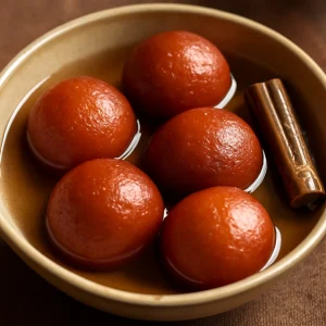 Friss Gulab Jamun khoya-ból, fahéjas szirupban tálalva