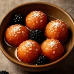 Kókuszos Gulab Jamun aranybarna, ragyogó golyókban, szirupban áztatva