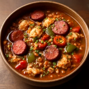 Fűszeres gumbo tálalva