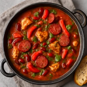 Fűszeres gumbo csirkehússal, paprikával és gazdag kolbászos ízekkel