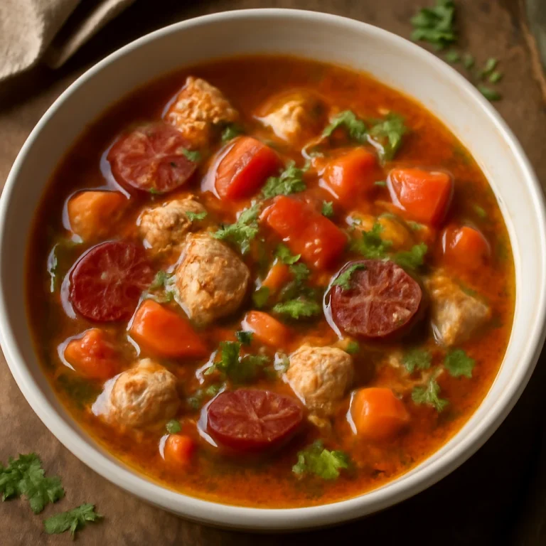 Gumbo paradicsommal, gazdag paradicsomos alaplével, csirke és kolbász darabokkal