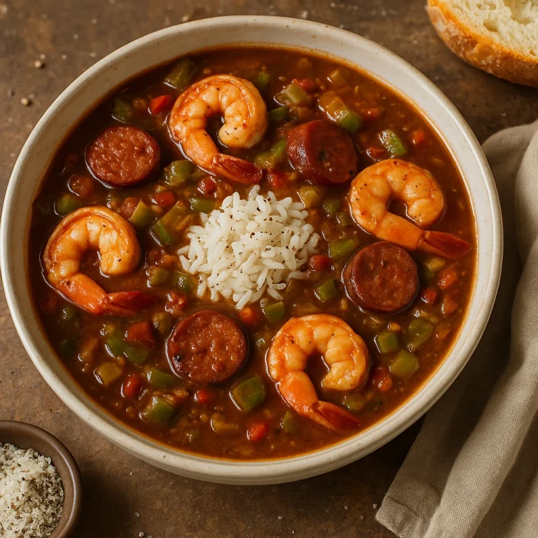 Gumbo rákokkal tálalva, sűrű szószban, kolbásszal és főtt rizzsel