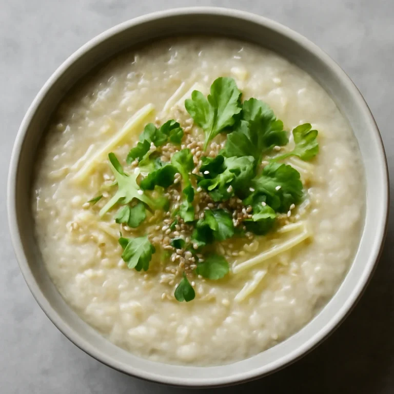 Gyömbéres Congee tálalva friss korianderrel és zöldhagymával