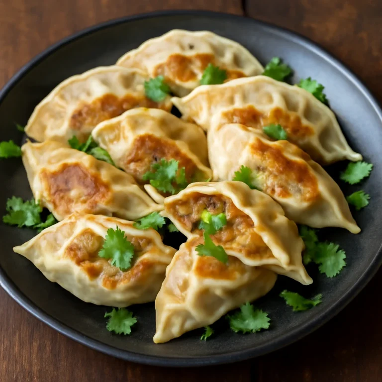 Gyoza csicseriborsóval, japán töltött tészta friss korianderrel díszítve