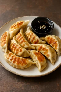 Frissen készült gyoza fokhagymával és húsos töltelékkel