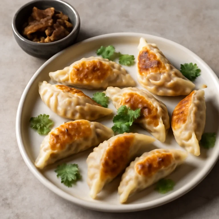 Gyoza gombával, friss korianderrel díszítve
